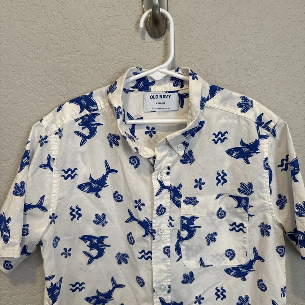 Old Navy Top Boys Large 10 12 Kids Shirt Short Sleeve Button Down Classic White